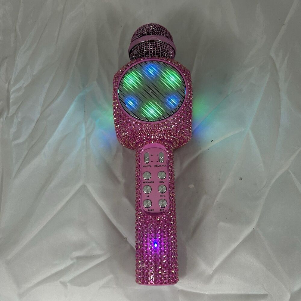 Pink Rhinestone Bluetooth Karaoke Microphone Speaker LED Lights Wireless